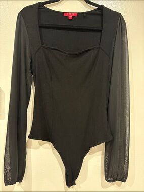 GUESS Black Long-Sleeve Sheer Mesh Sleeve Bodysuit